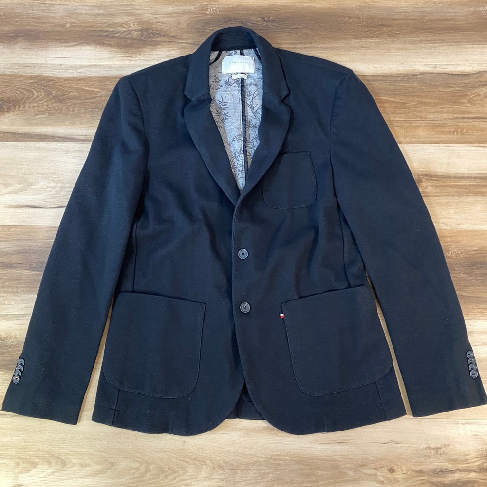 Zara Man Blazer Mens XL Slim Fit Textured 2-Button Patch Pocket Navy Blue Work